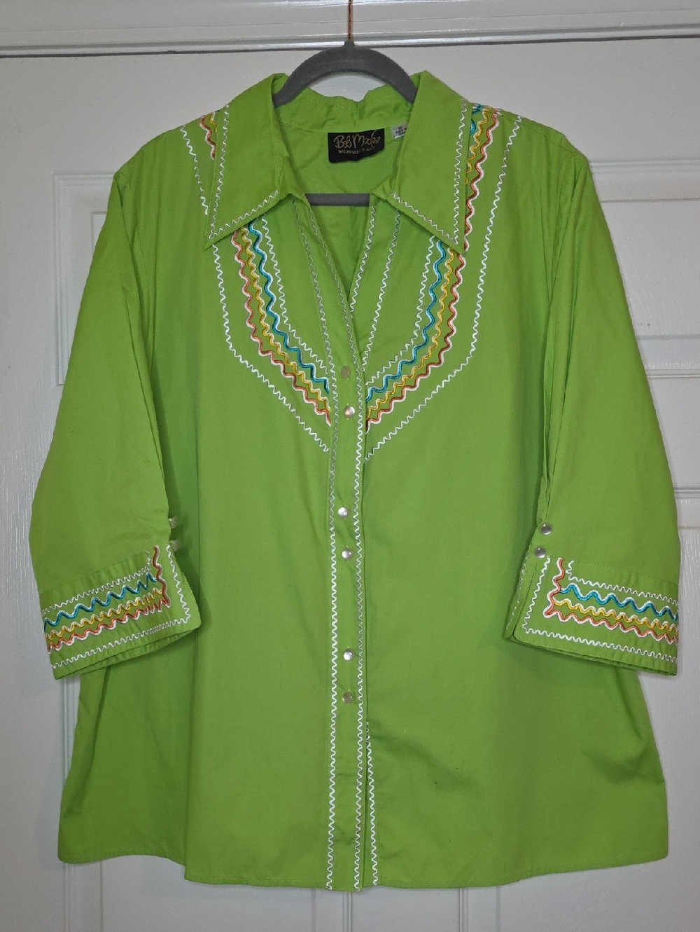 Bob Mackie Bright Lime Green Embroidered Button-Up Shirt Southwestern Cowgirl